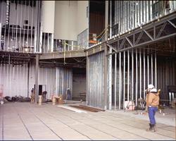 Construction of the theater lobby.  Some sheetrock has been installed on the second floor. - , Utah